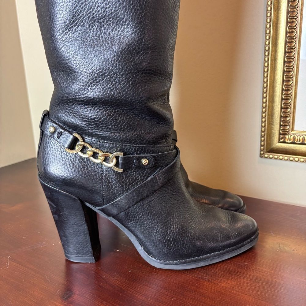 Kate Spade Montreal Black Leather Chain Link Tall 4" Heeled Boots Size 10 - Picture 12 of 15